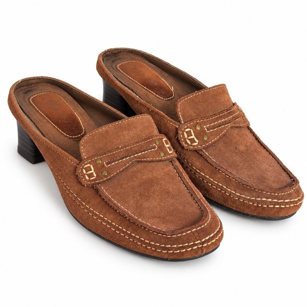 Merona Suede Mule Loafers Womens 8.5 Brown Good Block Heel Slip On Moc Toe Studs